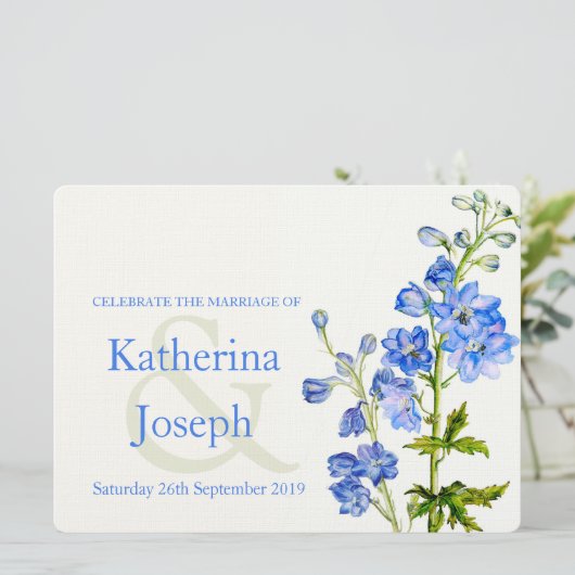 Invitation à un mariage d'aquarelle bleue Delphini (Debout devant)