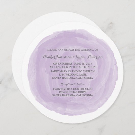 Invitation à un mariage d'aquarelle ronde violette (Devant / Derrière)