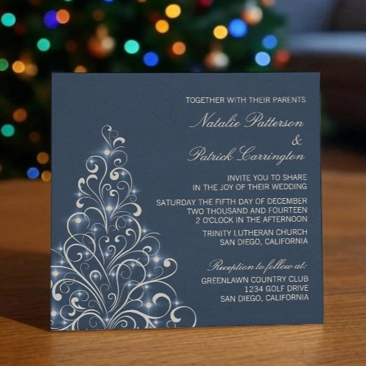 Invitation à un mariage d'arbre de Noël, bleu fonc
