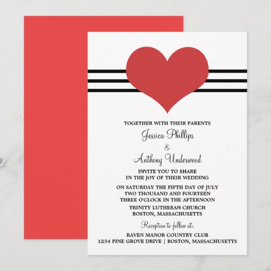 Invitation à un mariage de coeur, rouge (Devant / Derrière)