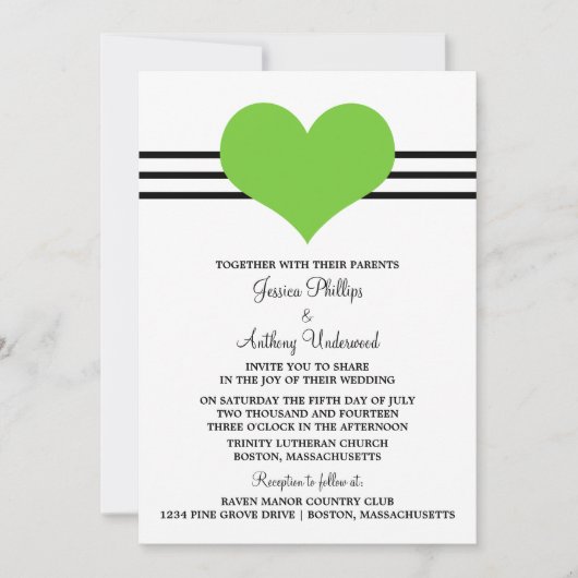 Invitation à un mariage de coeur, vert (Devant)