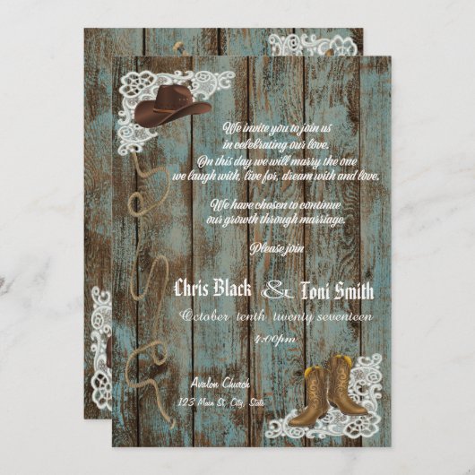 Invitation à un mariage de dentelle et de bottes r (Devant / Derrière)