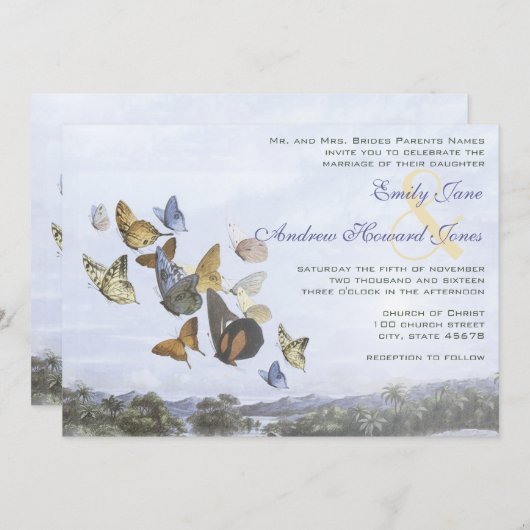 Invitation à un mariage de papillon et palmier de (Devant / Derrière)