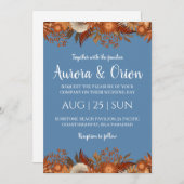 invitation à un mariage en terre cuite et bleu pou (Devant / Derrière)