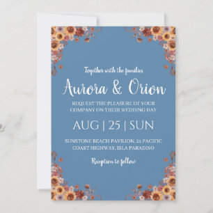 invitation à un mariage en terre cuite et bleu pou