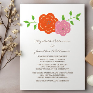 Invitation à un mariage floral rose orange en fleu