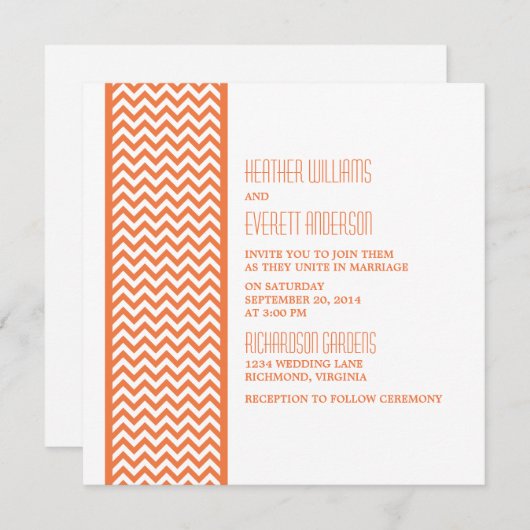 Invitation à un mariage frontalier Orange Chevron (Devant / Derrière)