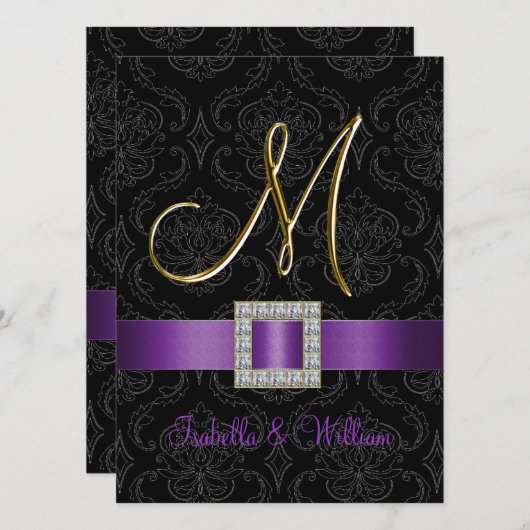 Invitation à un mariage initial en or noir pourpre (Devant / Derrière)