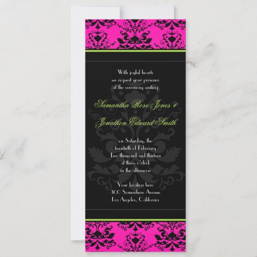 Invitation à un mariage mince, rose et noir (Devant)