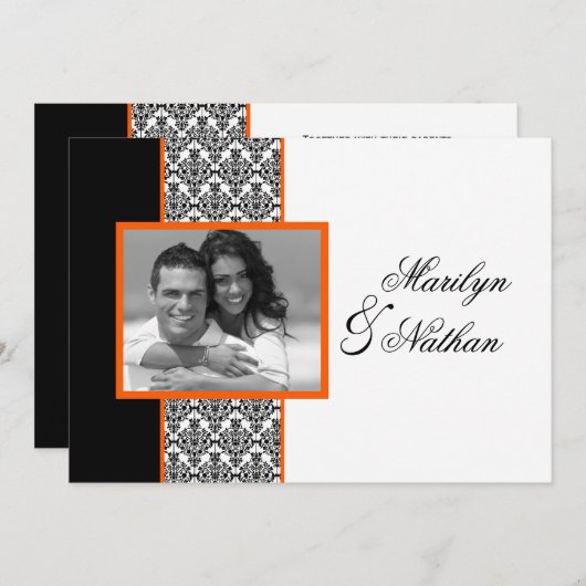 Invitation à un mariage noir blanc orange (Devant / Derrière)