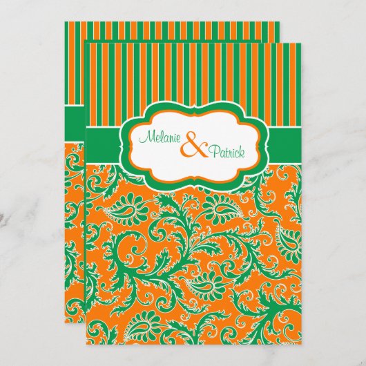 Invitation à un mariage rayé orange, vert, blanc f (Devant / Derrière)
