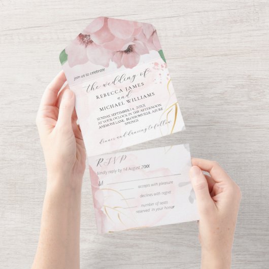 Invitation à un mariage rose anémone tout en un (Déchirure)