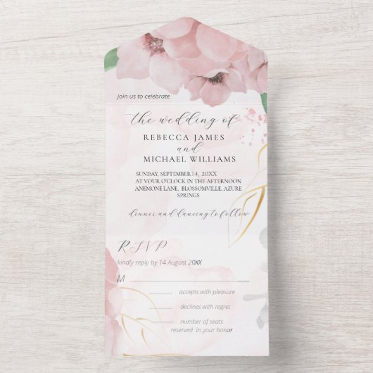 Invitation à un mariage rose anémone tout en un (À l'intérieur)