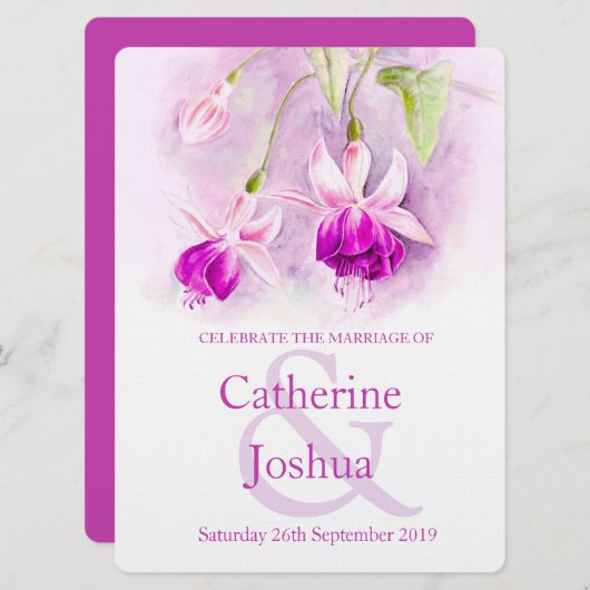 Invitation à un mariage rose pourpre avec l'aquare (Devant / Derrière)