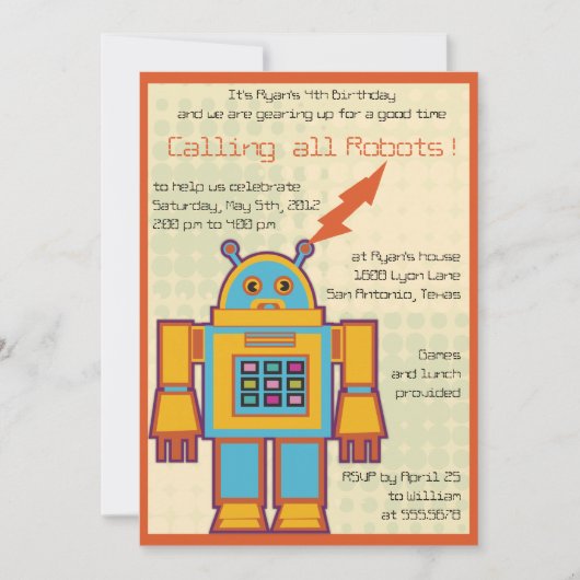 Invitation à un robot anniversaire de enfant rétro (Devant)