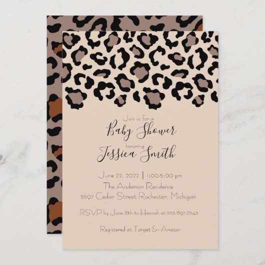 Invitation à une baby shower à motif guépard (Devant / Derrière)