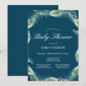 Invitation à une baby shower à thème paon éditable (Devant / Derrière)