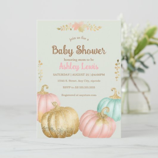 Invitation à une baby shower automnale rose et or (Debout devant)