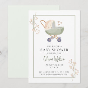 Invitation à une baby shower avec fleurs vertes et