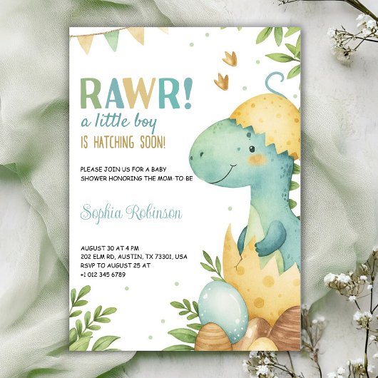 Invitation à une baby shower avec un dinosaure