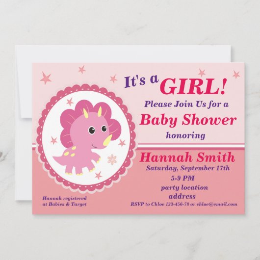 Invitation à une baby shower avec un dinosaure ros (Devant)