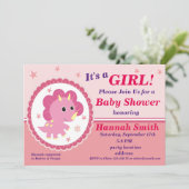 Invitation à une baby shower avec un dinosaure ros (Debout devant)
