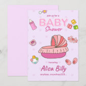 Invitation à une baby shower fille, rose (Devant / Derrière)