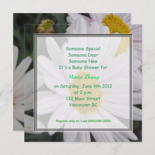 Invitation à une baby shower, fleurs de marguerite (Devant / Derrière)