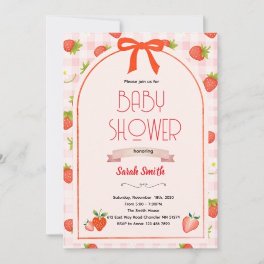 Invitation à une baby shower fraise (Devant)