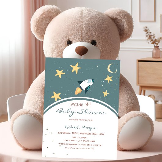 Invitation à une Baby Shower Fusée Espace Etoiles