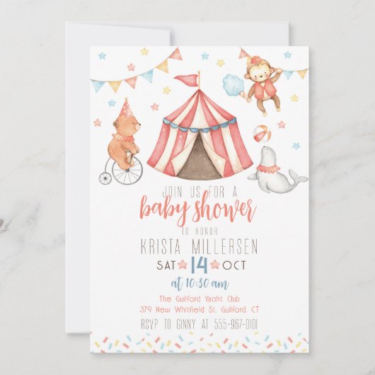 Invitation à une baby shower neutre avec des anima (Devant)