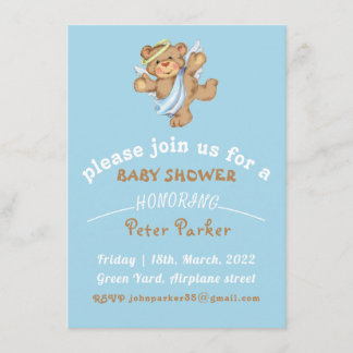 Invitation à une Baby Shower ourson marron bleu
