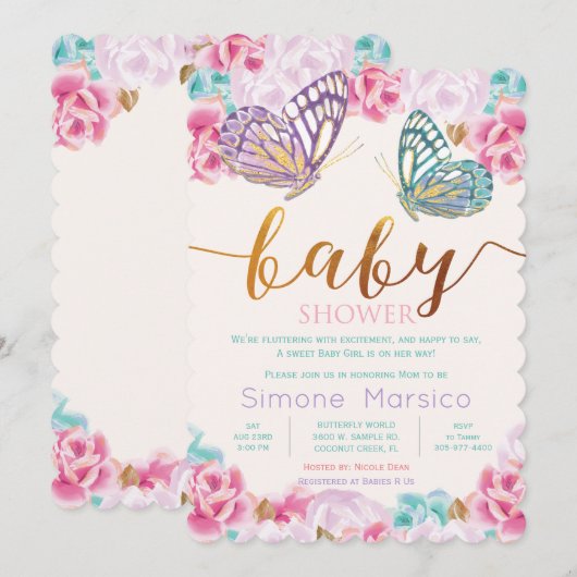 Invitation à une baby shower Papillon (Devant / Derrière)