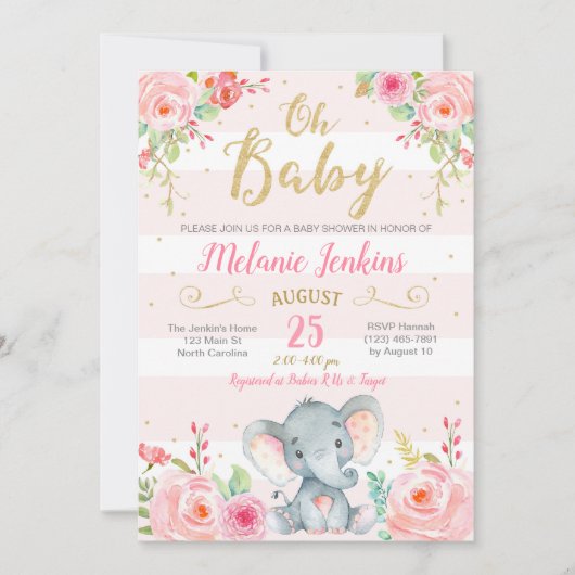 Invitation à une baby shower pour fille, Éléphant (Devant)