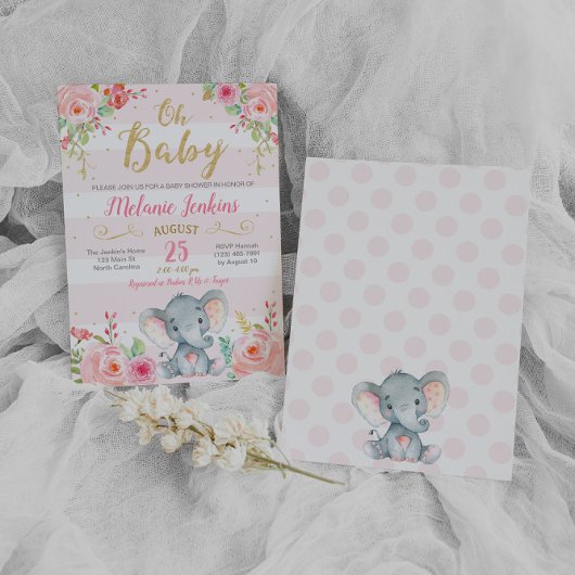 Invitation à une baby shower pour fille, Éléphant
