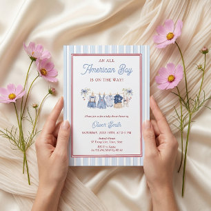 Invitation à une baby shower rouge blanc bleu patr
