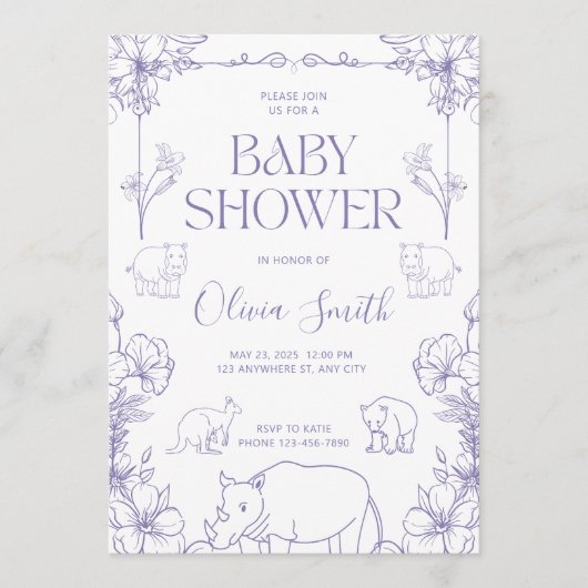 Invitation à une Baby Shower sur le thème des Anim (Devant)
