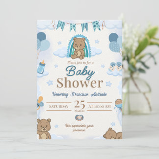 Invitation à une baby shower Teddy Bear Bleu