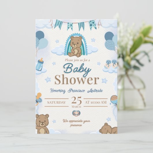 Invitation à une baby shower Teddy Bear Bleu (Debout devant)