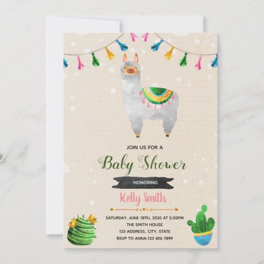 Invitation à une baby shower thème lama mignon (Devant)