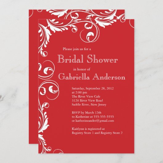 Invitation à une douche nuptiale rouge d'élégance  (Devant / Derrière)