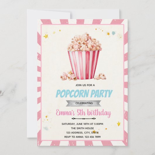 Invitation à une fête au pop-corn rose (Devant)