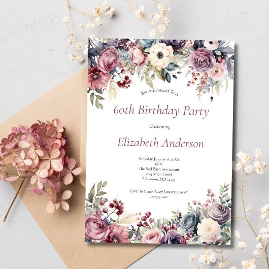 Invitation à une fête d'anniversaire 60 ans Fleurs