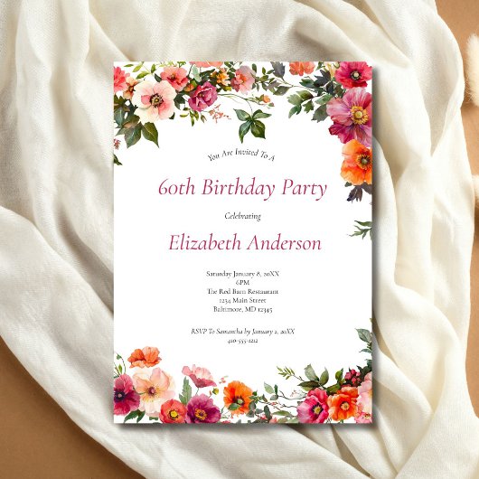 Invitation à une fête d'anniversaire 60 ans Fleurs
