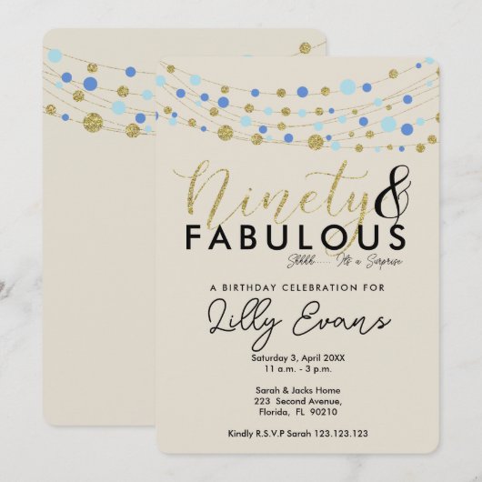 Invitation à une fête d'anniversaire 90 ans, bleu  (Devant / Derrière)