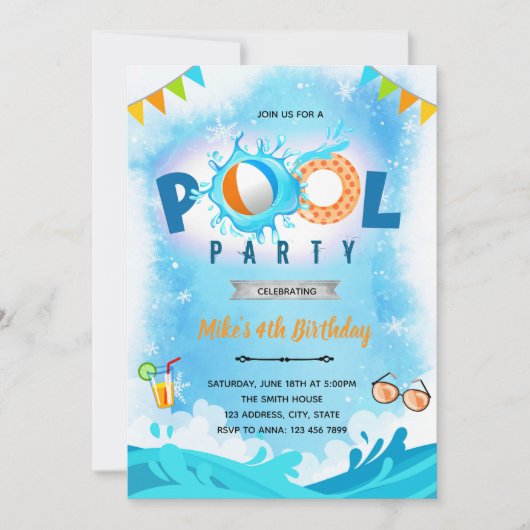 Invitation à une fête d'anniversaire à la piscine  (Devant)