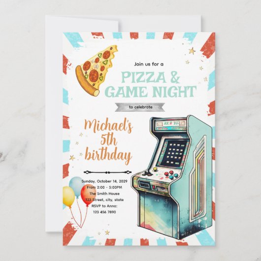 Invitation à une fête d'anniversaire arcade et piz (Devant)