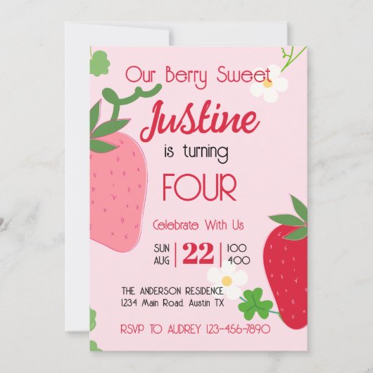 Invitation à une fête d'anniversaire aux fraises d (Devant)