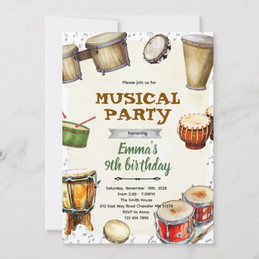 Invitation à une fête d'anniversaire avec percussi (Devant)