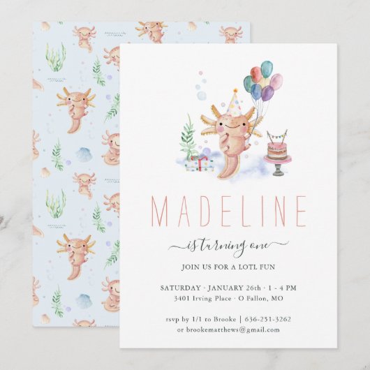 Invitation à une fête d'anniversaire avec un axolo (Devant / Derrière)